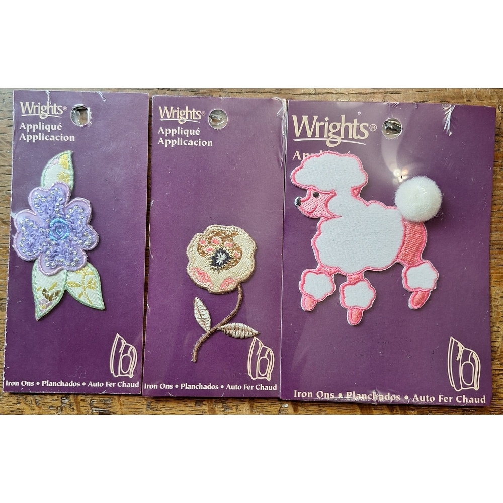3 Vintage Wrights Applique Iron On Patches Poodle Flowers